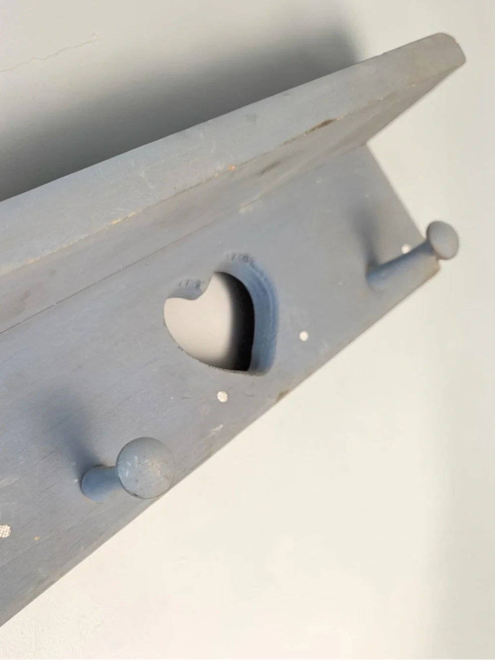 Vintage 1980s Dusty Blue Painted Wood Heart Shelf w/ 2 Coat Pegs 12 inches long